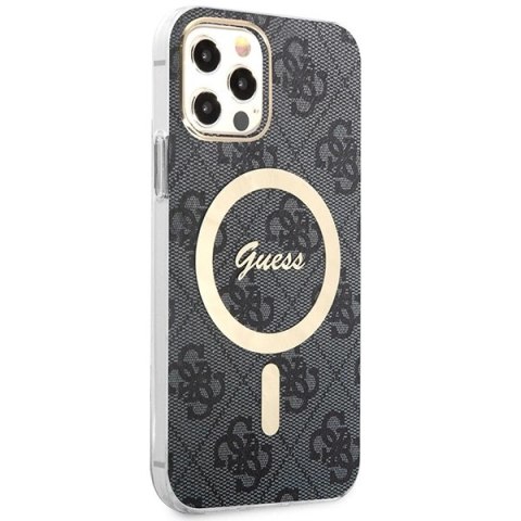 Etui Guess 4G Print MagSafe na iPhone 12 / iPhone 12 Pro + ładowarka indukcyjna - czarne