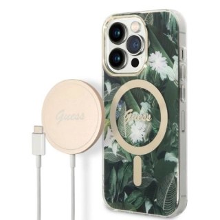 Etui Guess Jungle MagSafe na iPhone 14 Pro + ładowarka indukcyjna - zielone