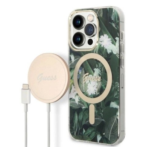 Etui Guess Jungle MagSafe na iPhone 14 Pro + ładowarka indukcyjna - zielone