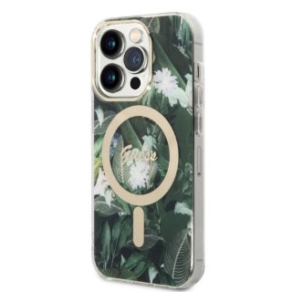 Etui Guess Jungle MagSafe na iPhone 14 Pro + ładowarka indukcyjna - zielone