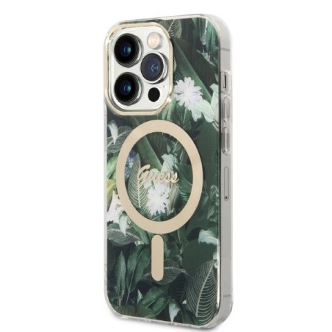 Etui Guess Jungle MagSafe na iPhone 14 Pro + ładowarka indukcyjna - zielone