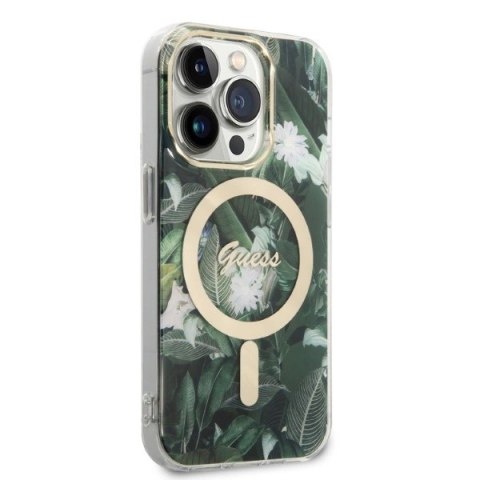 Etui Guess Jungle MagSafe na iPhone 14 Pro + ładowarka indukcyjna - zielone