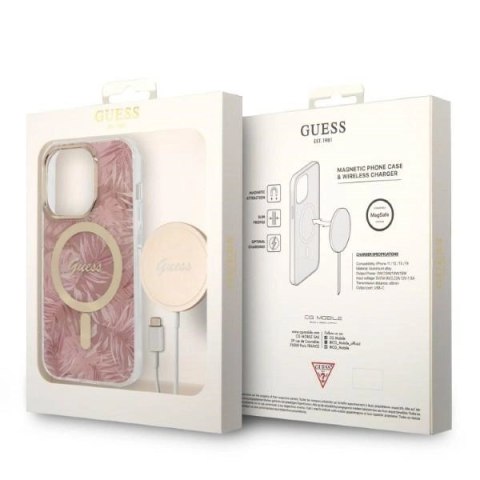 Zestaw etui Guess Jungle MagSafe + ładowarka do iPhone 14 Pro Max 6,7" - różowe
