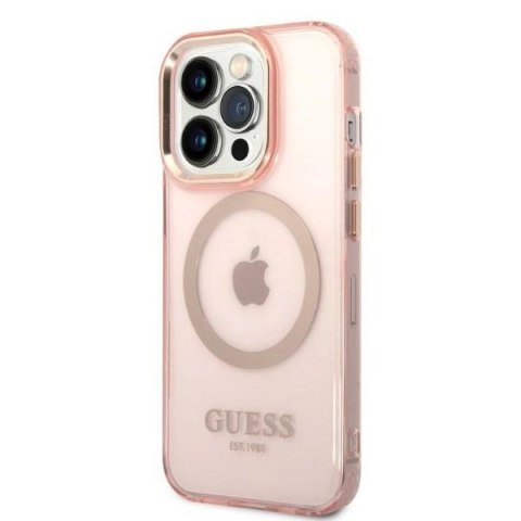 Etui Guess Gold Outline Translucent MagSafe na iPhone 14 Pro - różowe