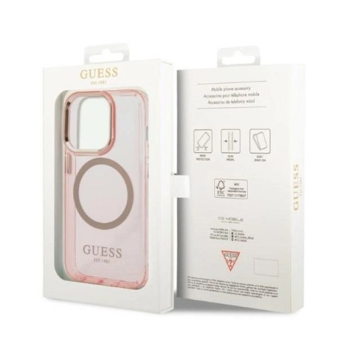 Etui Guess Gold Outline Translucent MagSafe na iPhone 14 Pro - różowe