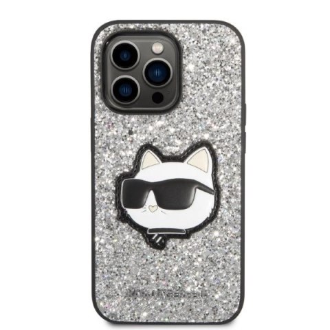Etui Karl Lagerfeld Glitter Choupette Patch na iPhone 14 Pro Max - srebrne Etui Karl Lagerfeld Glitter Choupette Patch na iPhone 14 Pro Max - srebrne