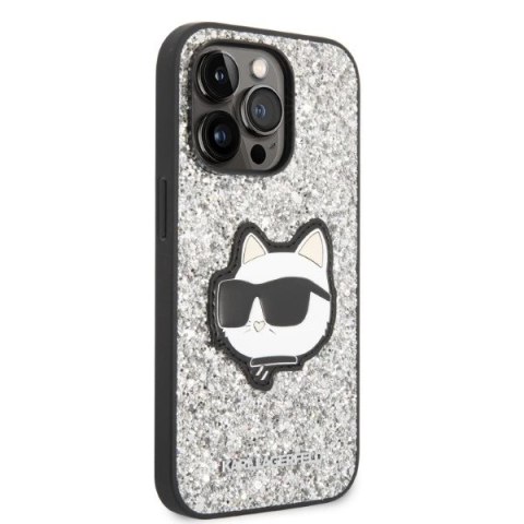 Etui Karl Lagerfeld Glitter Choupette Patch na iPhone 14 Pro Max - srebrne Etui Karl Lagerfeld Glitter Choupette Patch na iPhone 14 Pro Max - srebrne