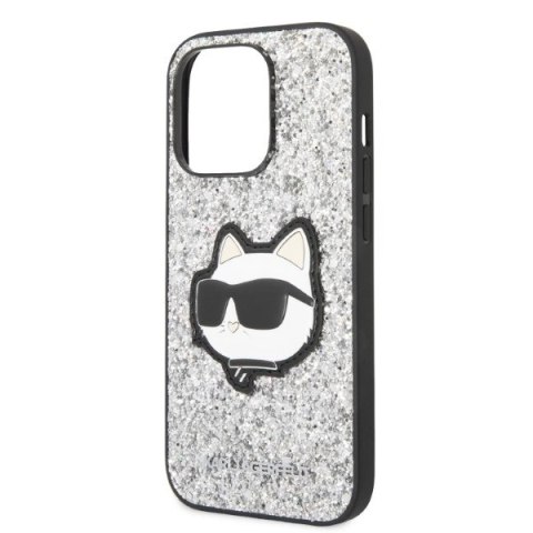 Etui Karl Lagerfeld Glitter Choupette Patch na iPhone 14 Pro Max - srebrne Etui Karl Lagerfeld Glitter Choupette Patch na iPhone 14 Pro Max - srebrne