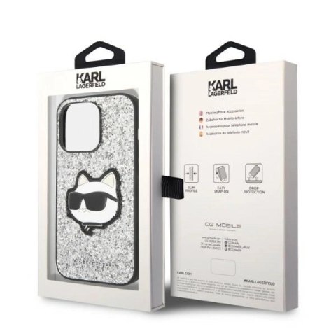 Etui Karl Lagerfeld Glitter Choupette Patch na iPhone 14 Pro Max - srebrne Etui Karl Lagerfeld Glitter Choupette Patch na iPhone 14 Pro Max - srebrne