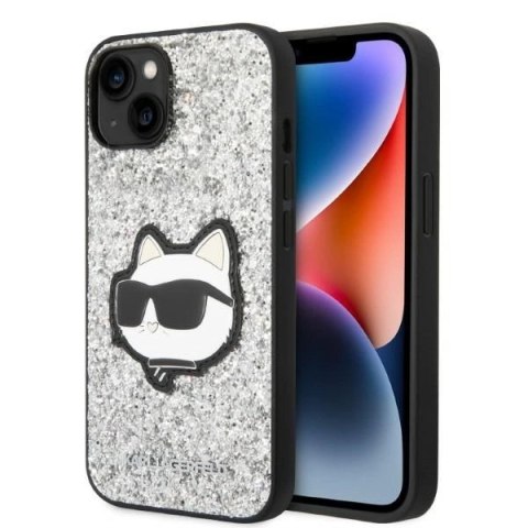 Etui Karl Lagerfeld Glitter Choupette Patch na iPhone 14 - srebrne Etui Karl Lagerfeld Glitter Choupette Patch na iPhone 14 - srebrne