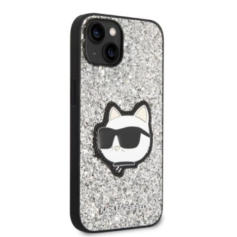 Etui Karl Lagerfeld Glitter Choupette Patch na iPhone 14 - srebrne Etui Karl Lagerfeld Glitter Choupette Patch na iPhone 14 - srebrne