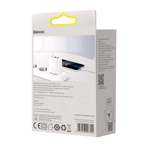 Baseus ładowarka sieciowa Compact PD 30W 1x USB-C 2x USB biała Baseus ładowarka sieciowa Compact PD 30W 1x USB-C 2x USB biała