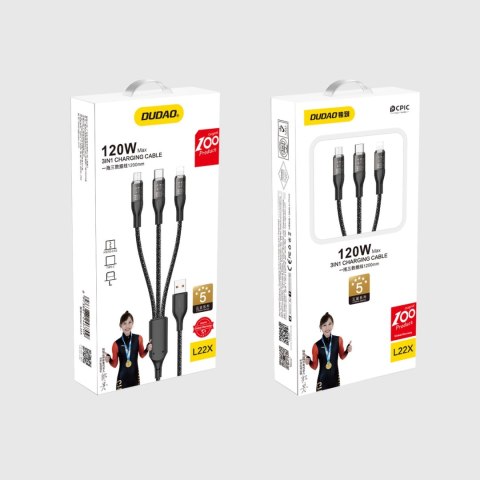Kabel do szybkiego ładowania 120W 1m 3w1 USB - USB-C / microUSB / Lightning Dudao L22X - srebrny Kabel do szybkiego ładowania 120W 1m 3w1 USB - USB-C / microUSB / Lightning Dudao L22X - srebrny