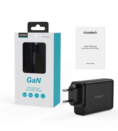 Choetech ładowarka GaN 140W 4 porty (2x USB C, 2x USB) czarna (PD6005) Choetech ładowarka GaN 140W 4 porty (2x USB C, 2x USB) czarna (PD6005)