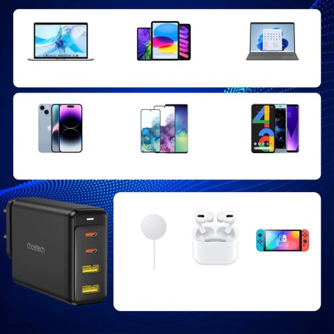 Choetech ładowarka GaN 140W 4 porty (2x USB C, 2x USB) czarna (PD6005) Choetech ładowarka GaN 140W 4 porty (2x USB C, 2x USB) czarna (PD6005)
