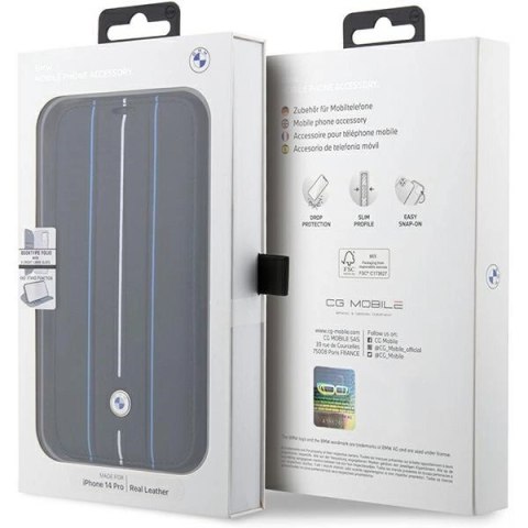 Etui BMW Leather Stamp Blue Lines na iPhone 14 Pro - czarne Etui BMW Leather Stamp Blue Lines na iPhone 14 Pro - czarne