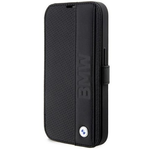 Etui BMW Leather Textured & Stripe na iPhone 14 Pro Max - czarne Etui BMW Leather Textured & Stripe na iPhone 14 Pro Max - czarne