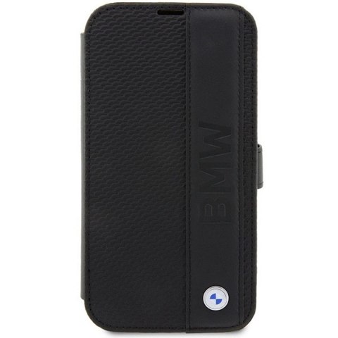 Etui BMW Leather Textured & Stripe na iPhone 14 Pro Max - czarne Etui BMW Leather Textured & Stripe na iPhone 14 Pro Max - czarne