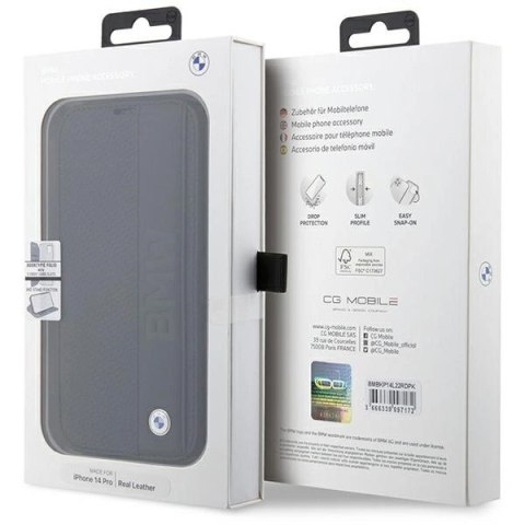 Etui BMW Leather Textured & Stripe na iPhone 14 Pro Max - czarne Etui BMW Leather Textured & Stripe na iPhone 14 Pro Max - czarne