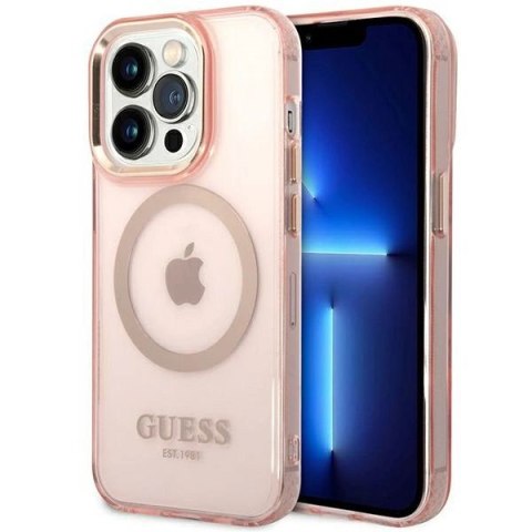Etui Guess Gold Outline Translucent MagSafe na iPhone 14 Pro Max - różowe