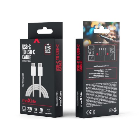 Maxlife kabel MXUC-06 USB-C - USB-C 1,0 m 20W szary nylonowy Maxlife kabel MXUC-06 USB-C - USB-C 1,0 m 20W szary nylonowy