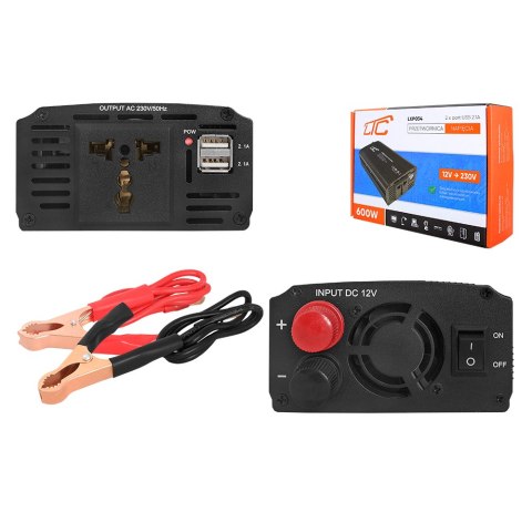 Przetwornica in: 12V DC out: 230V/50Hz, 600W/1200W + 2xUSB-A 5V/2.4A LTC Przetwornica in: 12V DC out: 230V/50Hz, 600W/1200W + 2xUSB-A 5V/2.4A LTC