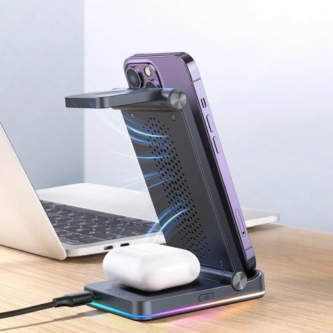 Joyroom 3w1 ładowarka indukcyjna do sprzętu marki Apple - iPhone, Apple Watch, Airpods (do 15W) podstawka stojak czarna (JR-WQN0 Joyroom 3w1 ładowarka indukcyjna do sprzętu marki Apple - iPhone, Apple Watch, Airpods (do 15W) podstawka stojak czarna (JR-WQN0