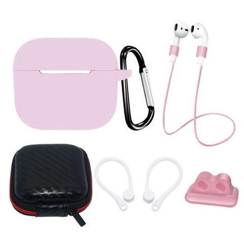 Zestaw silikonowe etui AirPods 3 + futerał / zaczep na ucho / pasek na szyję / uchwyt na pasek zegarka / karabińczyk - różowe Zestaw silikonowe etui AirPods 3 + futerał / zaczep na ucho / pasek na szyję / uchwyt na pasek zegarka / karabińczyk - różowe