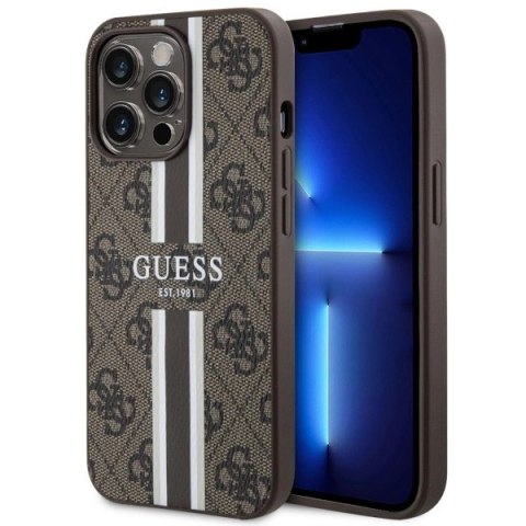 Etui Guess 4G Printed Stripes MagSafe na iPhone 13 Pro Max - brązowe