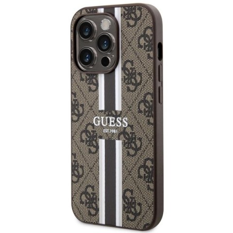 Etui Guess 4G Printed Stripes MagSafe na iPhone 14 Pro - brązowe
