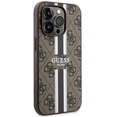 Etui Guess 4G Printed Stripes MagSafe na iPhone 14 Pro - brązowe