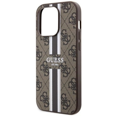 Etui Guess 4G Printed Stripes MagSafe na iPhone 14 Pro - brązowe