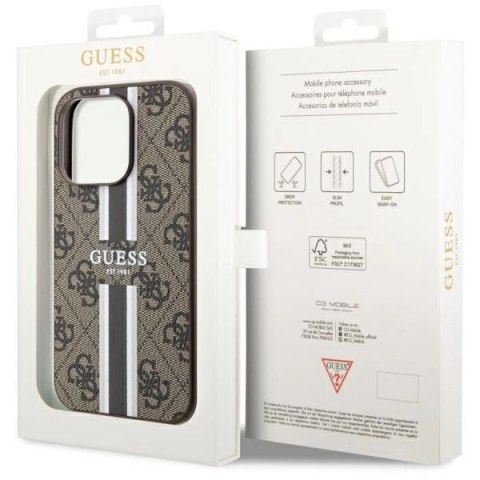 Etui Guess 4G Printed Stripes MagSafe na iPhone 14 Pro - brązowe