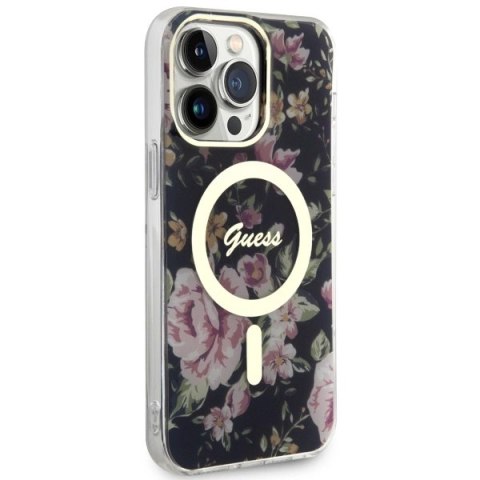 Etui Guess Flower MagSafe na iPhone 14 Pro Max - czarne