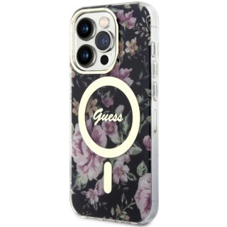 Etui Guess Flower MagSafe na iPhone 14 Pro - czarne