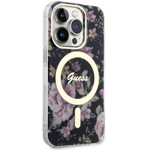 Etui Guess Flower MagSafe na iPhone 14 Pro - czarne