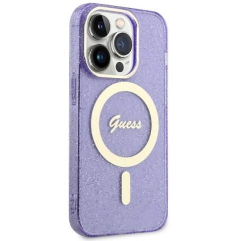 Etui Guess Glitter Gold MagSafe na iPhone 14 Pro Max - purpurowe