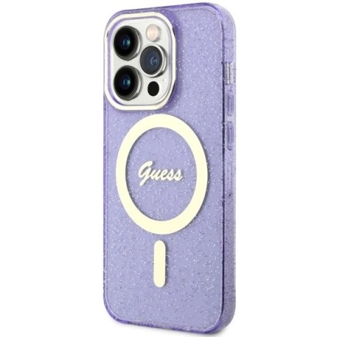 Etui Guess Glitter Gold MagSafe na iPhone 14 Pro - purpurowe