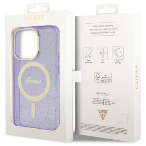 Etui Guess Glitter Gold MagSafe na iPhone 14 Pro - purpurowe