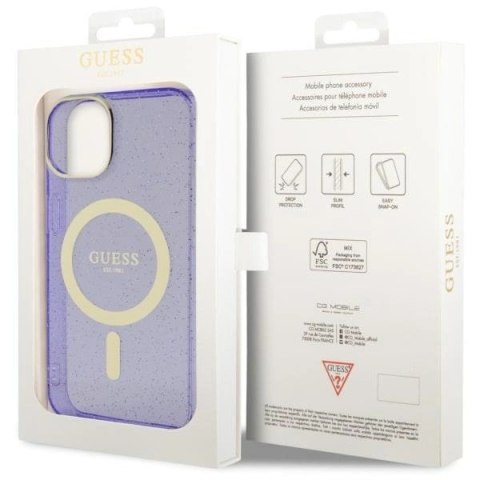 Etui Guess Glitter Gold MagSafe na iPhone 14 - purpurowe