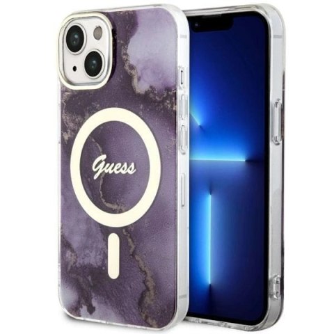 Etui Guess Golden Marble MagSafe na iPhone 14 - purpurowe
