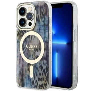Etui Guess Leopard MagSafe na iPhone 14 Pro - niebieskie