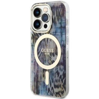 Etui Guess Leopard MagSafe na iPhone 14 Pro - niebieskie