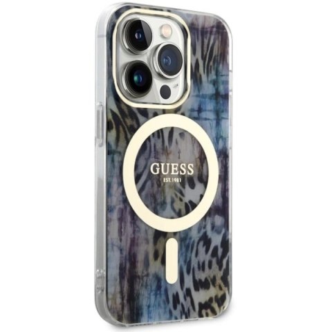 Etui Guess Leopard MagSafe na iPhone 14 Pro - niebieskie