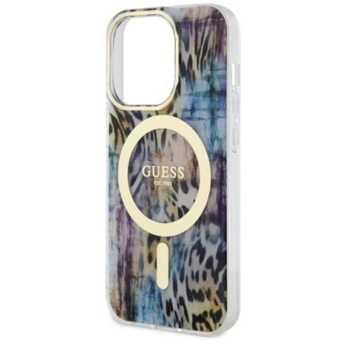 Etui Guess Leopard MagSafe na iPhone 14 Pro - niebieskie