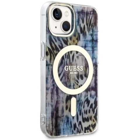 Etui Guess Leopard MagSafe na iPhone 14 - niebieskie