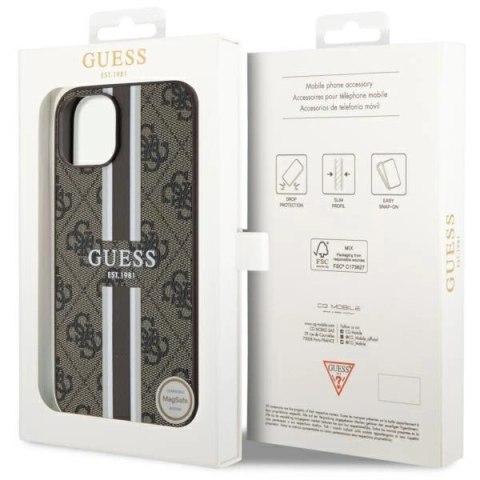 Etui Guess 4G Printed Stripes MagSafe na iPhone 14 Plus - brązowe