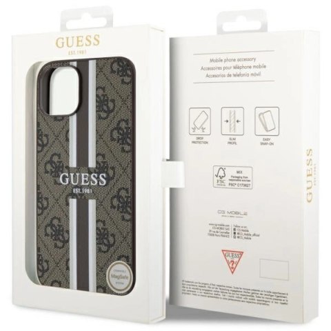 Etui Guess 4G Printed Stripes MagSafe na iPhone 14 - brązowe