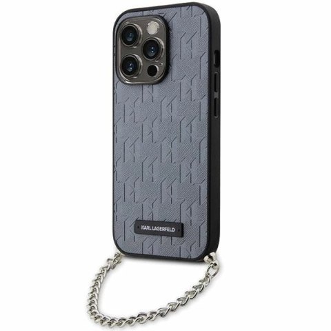 Etui Karl Lagerfeld Saffiano Monogram Chain na iPhone 14 Pro - srebrne Etui Karl Lagerfeld Saffiano Monogram Chain na iPhone 14 Pro - srebrne