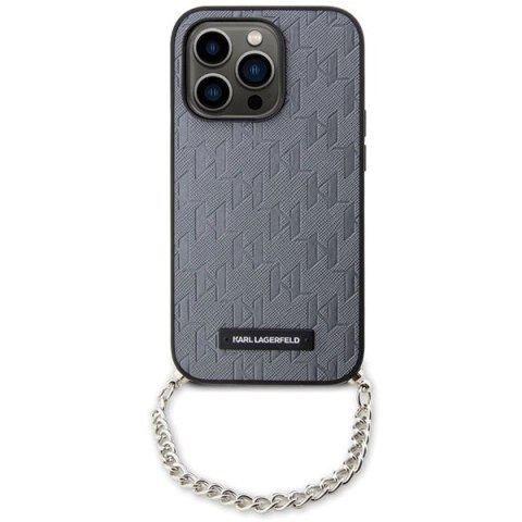 Etui Karl Lagerfeld Saffiano Monogram Chain na iPhone 14 Pro - srebrne Etui Karl Lagerfeld Saffiano Monogram Chain na iPhone 14 Pro - srebrne